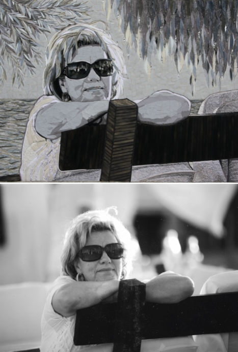 "Mooie mama op bankje" (65 CM X 85 CM)